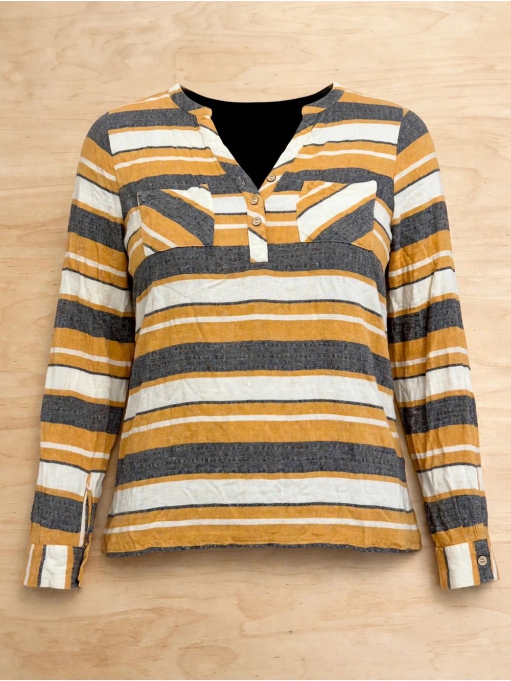 Doe & Rae Striped Henley Top in Mustard, Gray & Cream